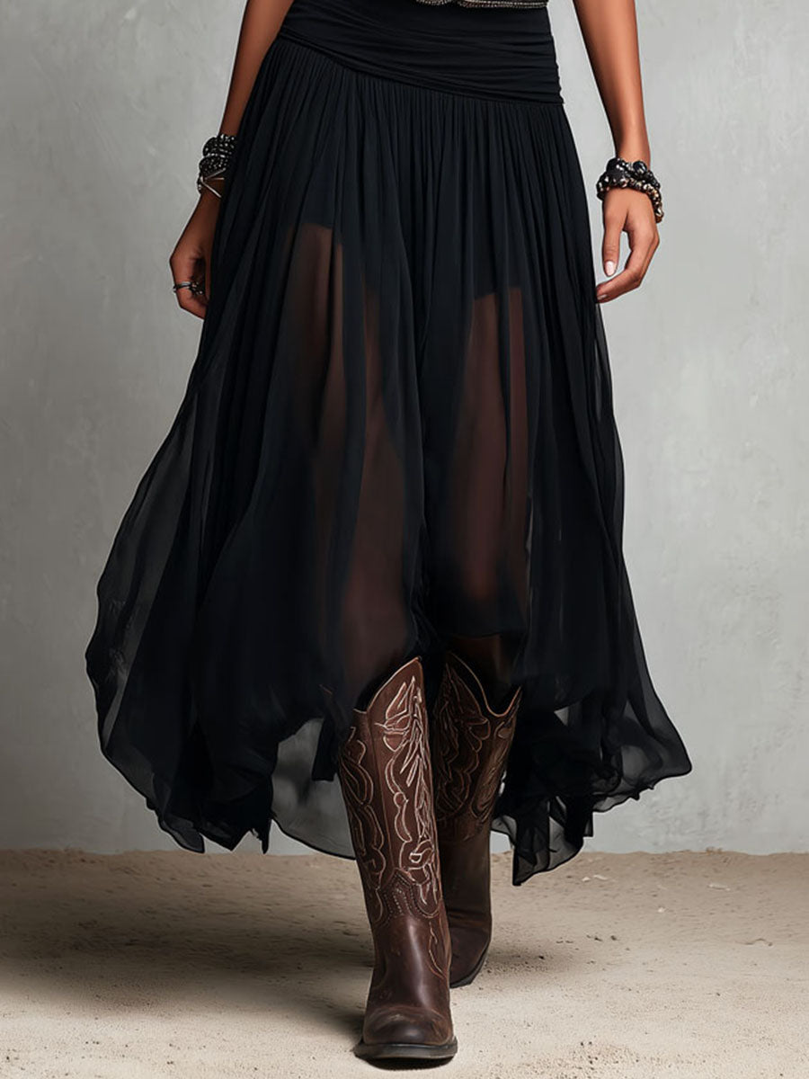 Abito Maxi Stretchy Černé Boho Western s Transparentní Sukní