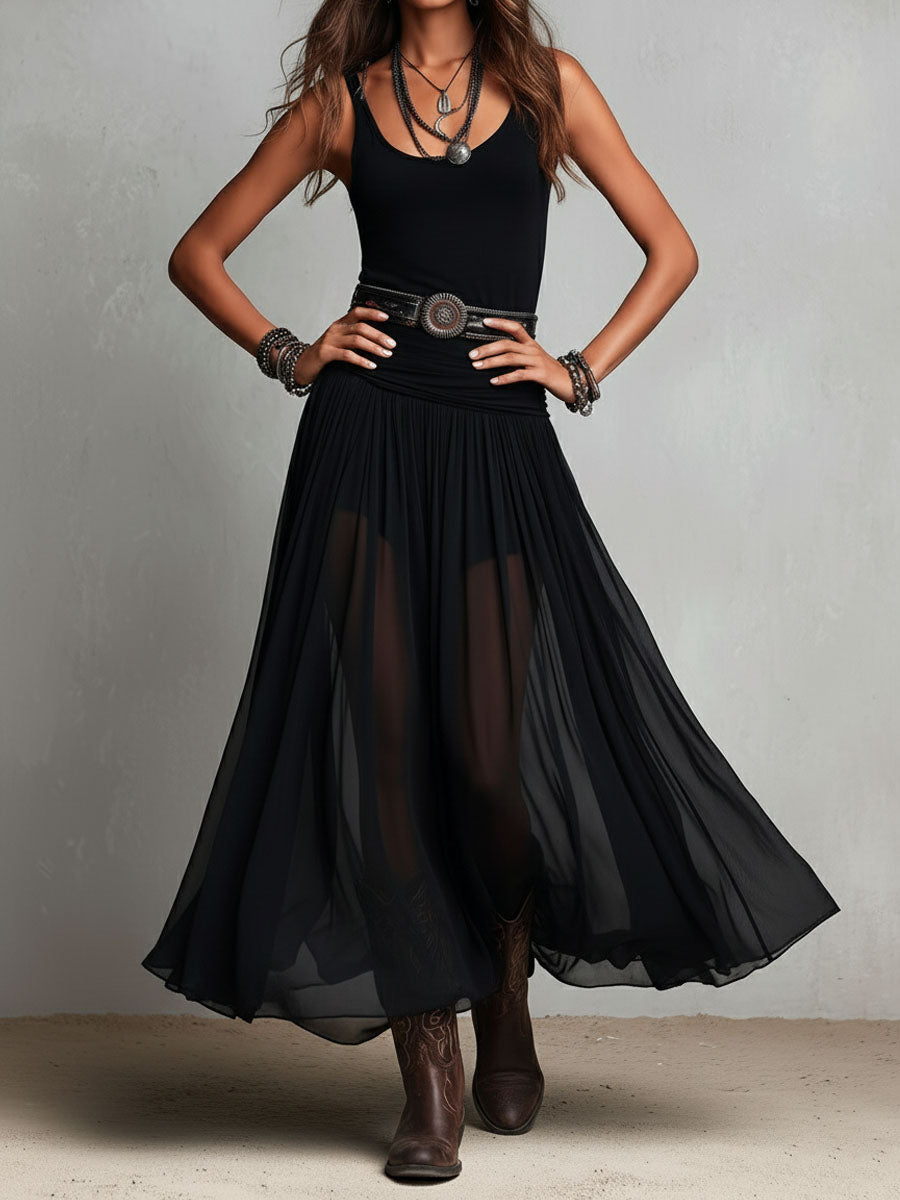 Abito Maxi Stretchy Černé Boho Western s Transparentní Sukní