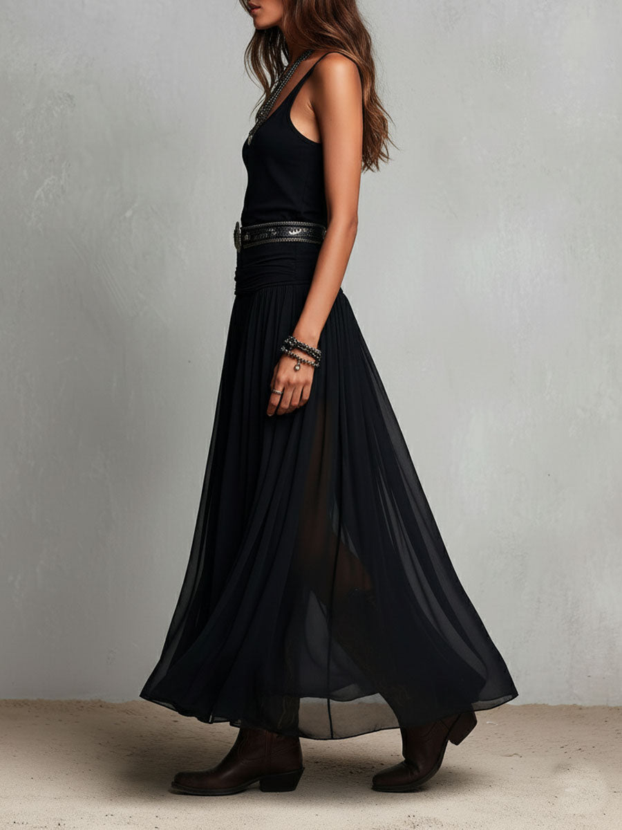 Abito Maxi Stretchy Černé Boho Western s Transparentní Sukní