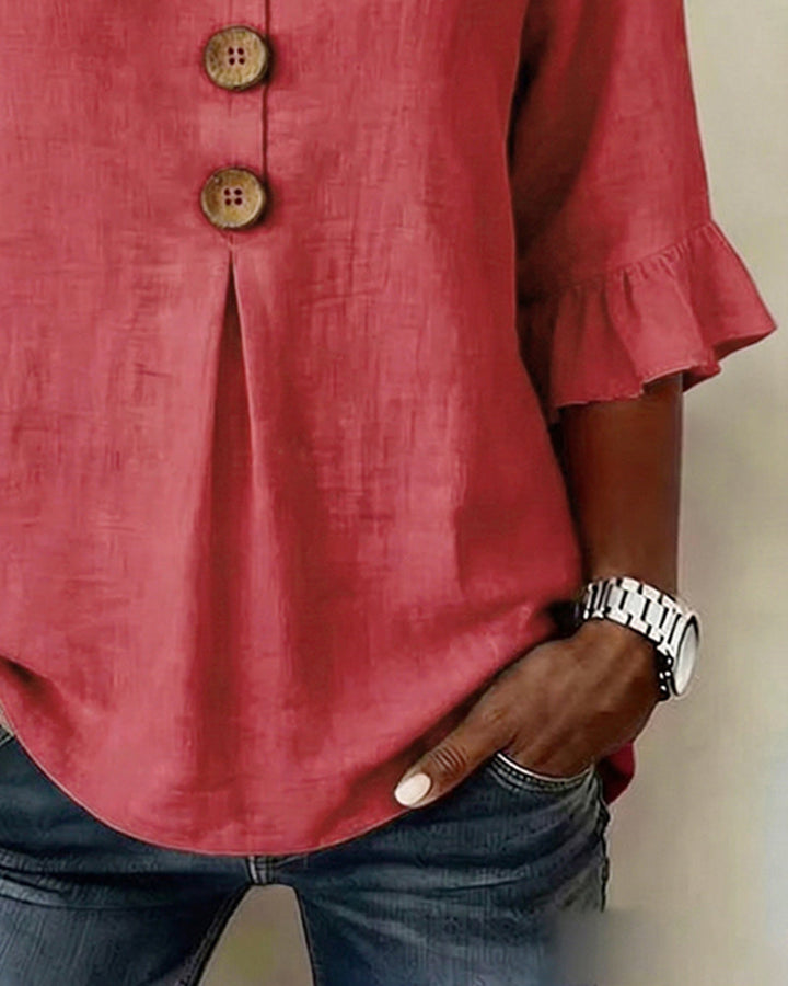 Janet | Blůza s V-výstřihem, dřevěnými knoflíky a volánovými rukávy