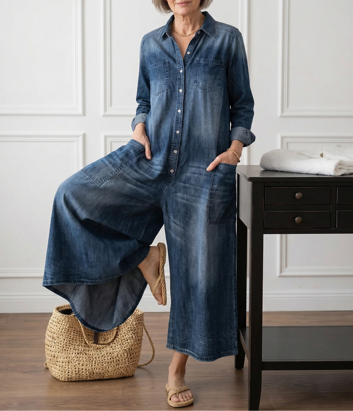 Diana™ | Vintage praný měkký bavlněný denim overal s knoflíkovým zapínáním