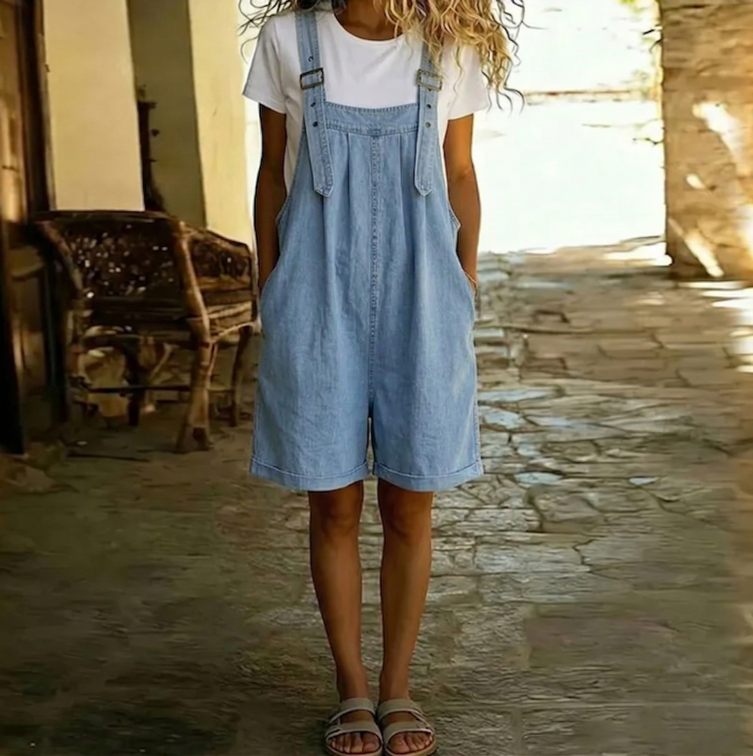 Clara™ | Vintage Washed Soft Cotton Feel Denim Short Overall Světle modrá