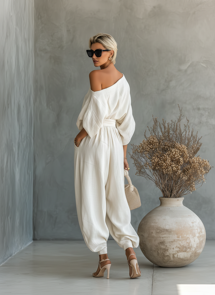 Dámský off-white set s topem na ramínkách a zúženými kalhotami