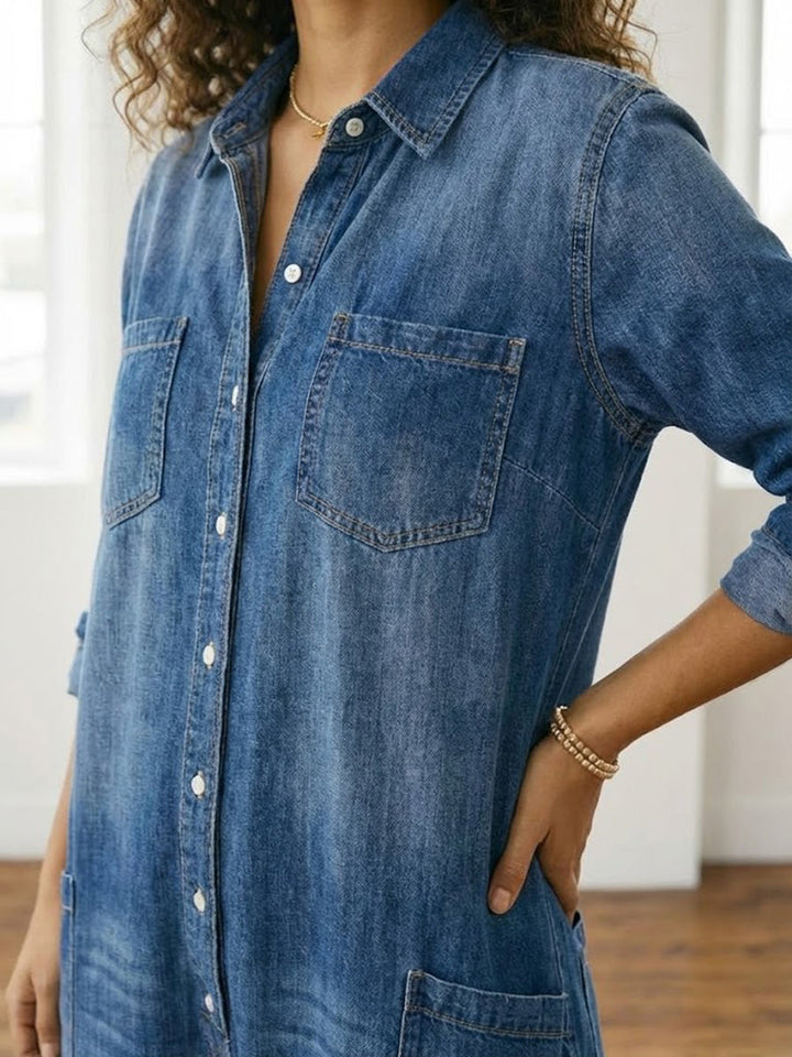 Diana™ | Vintage praný měkký bavlněný denim overal s knoflíkovým zapínáním