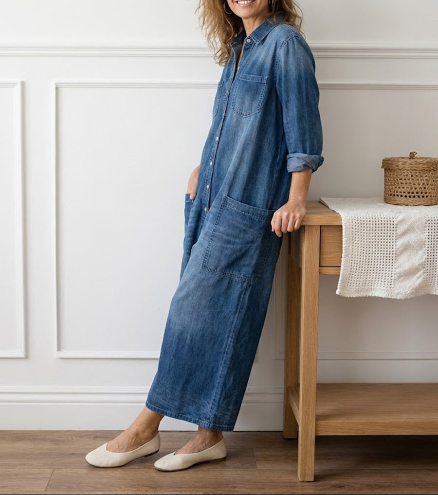 Diana™ | Vintage praný měkký bavlněný denim overal s knoflíkovým zapínáním