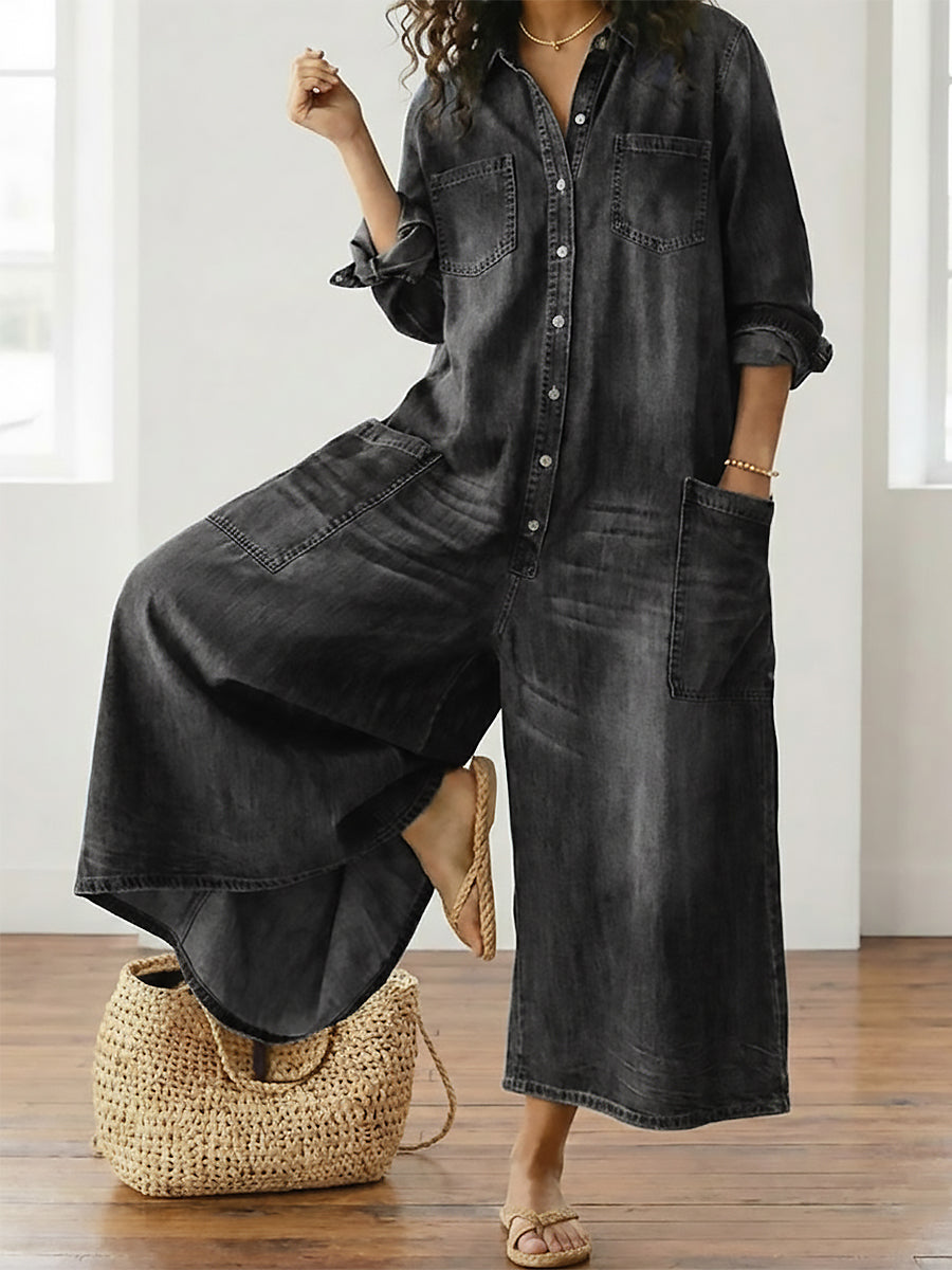 Diana™ | Vintage praný měkký bavlněný denim overal s knoflíkovým zapínáním