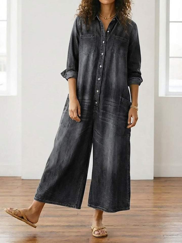 Diana™ | Vintage praný měkký bavlněný denim overal s knoflíkovým zapínáním